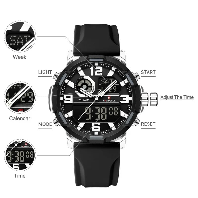 NAVIFORCE 2026 Montre homme nouvelle 5ATM étanche Double affichage Chronographe Réveil Montre-bracelet Montres tendance pour homme NF7130