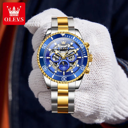 OLEVS Brand Luxury Automatic Mechanical Watch Men Skeleton Watch Week Date Waterproof Stainless Steel Hollow Business Men Watch