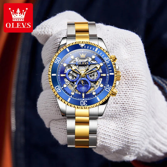 OLEVS Brand Luxury Automatic Mechanical Watch Men Skeleton Watch Week Date Waterproof Stainless Steel Hollow Business Men Watch
