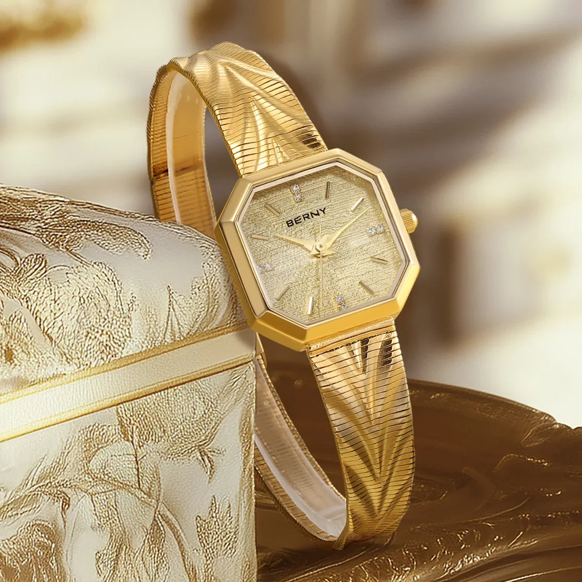 BERNY Gold Watch for Women Grit Dial Octagonal Ladies Quartz Wristwatch Stainless Steel Women Small Golden Watch Luxury Watches