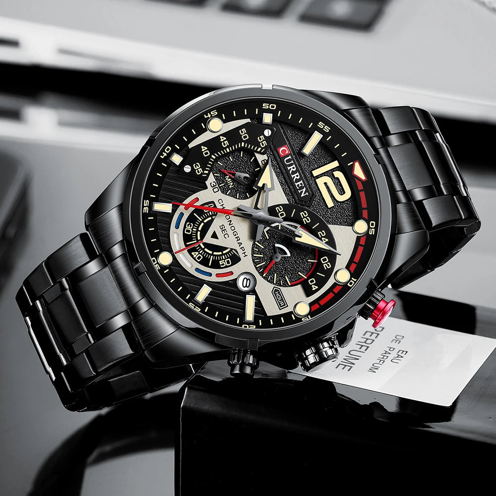 CURREN Montre à quartz mode homme, décontractée, sport, avec cadran chronographe en acier inoxydable et aiguilles lumineuses