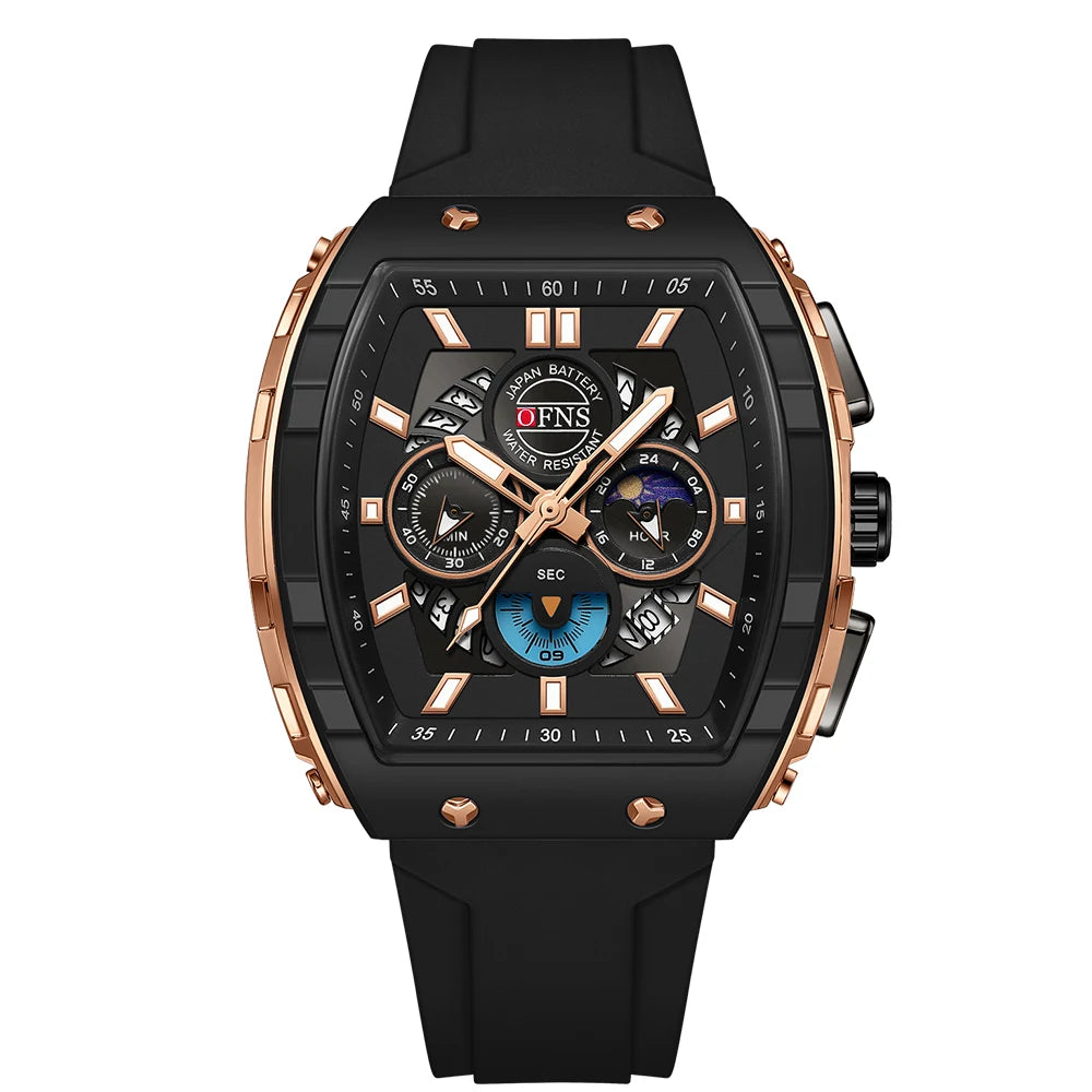 Montres-bracelets de mode en quartz OFNS pour homme, lumineuses, étanches, chronographe, calendrier, bracelet en silicone, montre de sport de luxe d'extérieur pour homme