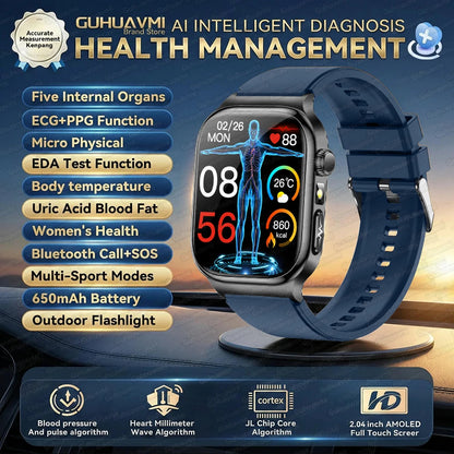 2026 Nouvelle Montre Connectée de Diagnostic Précis Graisse Corporelle ECG Oxygène Sanguin TA Santé Sport Écran AMOLED HD Appel Montres Intelligentes homme femme