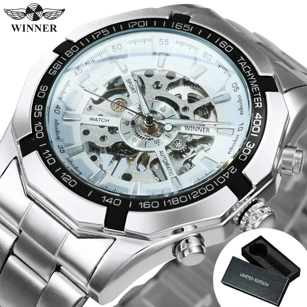 WINNER Fashion Skeleton Watch for Men Luminous Hand Classsic Mechanical Watches Stainless Steel Band Luxury Forsining Wristwatch