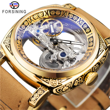 Forsining 403B Montres-bracelets automatiques pour hommes avec cadran squelette argenté et bracelet en cuir marron, cadeau idéal pour une fête