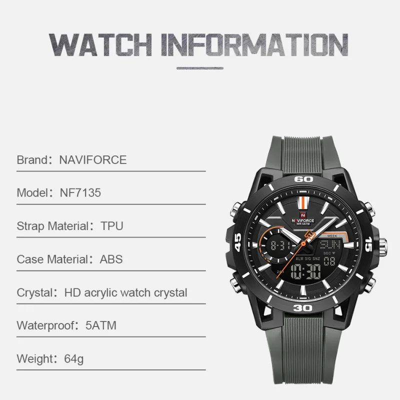 NAVIFORCE Montre Homme Double Affichage Étanche 50M Compte à Rebours Chronographe Réveil Montre-bracelet de Sport Tendance NF7135