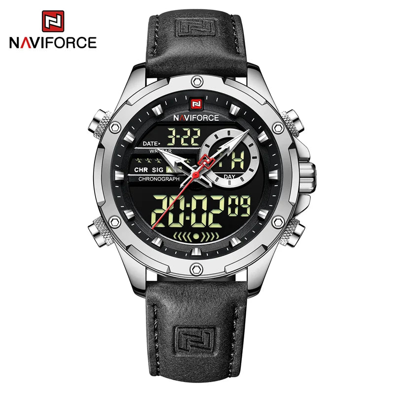 NAVIFORCE Montre-bracelet de luxe originale pour hommes, double fuseau horaire, sport, décontractée, chronographe, alarme, quartz, bracelet en cuir, étanche