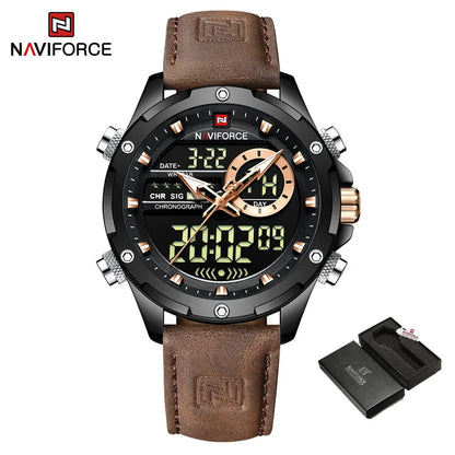 Montres originales Naviforce pour hommes 2022 Montre-bracelet pour hommes de luxe, sport et étanche avec bracelet en cuir et double affichage du calendrier