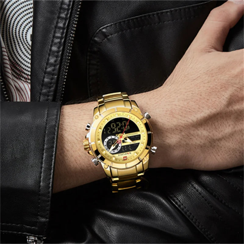 NAVIFORCE 9163 Montre-bracelet de sport de luxe originale pour hommes, mouvement à quartz, étanche en acier, double affichage, montres militaires Relogio Masculino