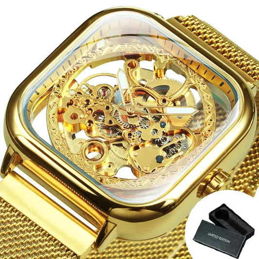 Forsining Square Skeleton Automatic Watch for Men Luminous Hands Engraved Movement Luxury Mechanical Watches Mesh Steel  Strap