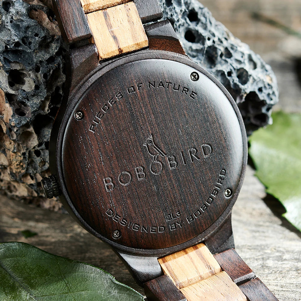 Montre en bois pour homme BOBO BIRD avec feuille véritable, montre en bois originale, montre en bois, montre fabriquée à la main, cadeau d'anniversaire pour homme