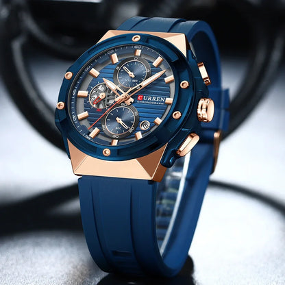 CURREN Montre à quartz multifonctionnelle de sport à la mode avec bracelet en silicone Cadran au design créatif Aiguilles lumineuses