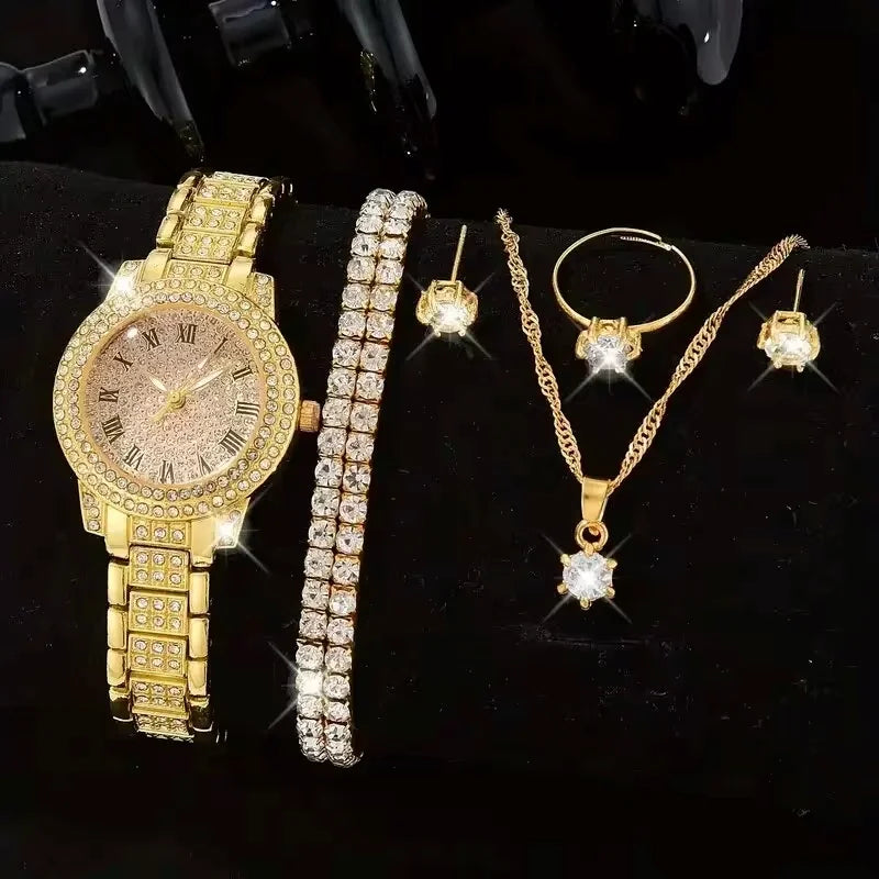 6 montres pour femme de luxe élégantes en alliage avec cristaux, bracelet en strass, montre à quartz, cadeau pour femme