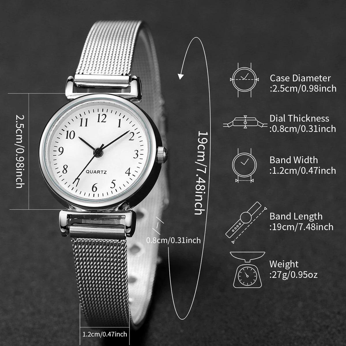 2 montres à quartz pour femme avec cadran arabe, bracelet en maille d'acier, et bracelet jonc assorti (sans boîte)