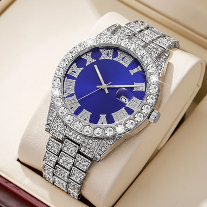 Montre à Quartz de Luxe Entièrement Diamantée pour Homme, Montre-Bracelet à Quartz Masculine Tendance avec Calendrier et Bracelet en Acier Inoxydable, Horloge de Date Reloj Hombre