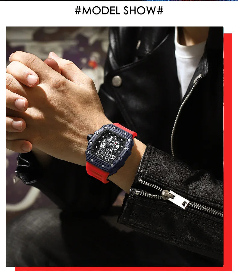BINBOND Marque Homme Montre Tonneau Dominant Miroir Courbe Surface Creuse Sports Homme Montre-Bracelet Quartz en Silicone B8577