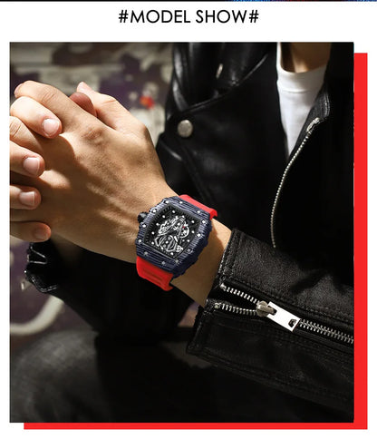 BINBOND Marque Homme Montre Tonneau Dominant Miroir Courbe Surface Creuse Sports Homme Montre-Bracelet Quartz en Silicone B8577