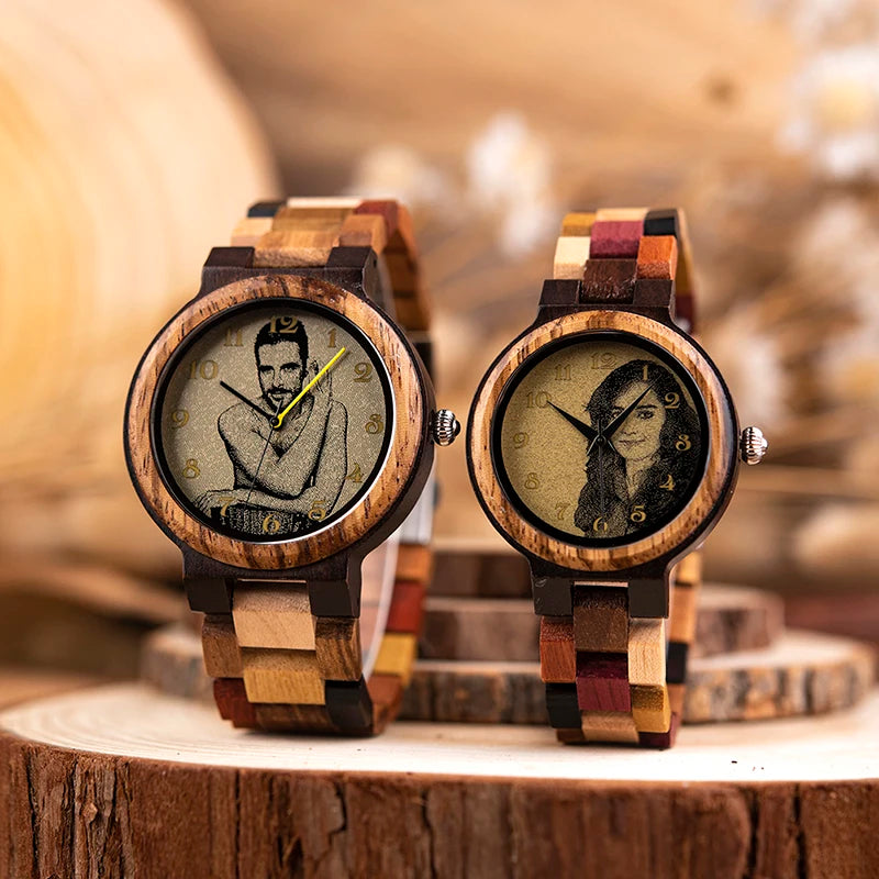 BOBO BIRD Montre Personnalisée Homme Femme Photo Impression Montre-Bracelet en Bois Anniversaire Saint-Valentin Montres Couple Relogio Masculino