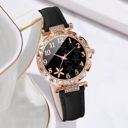 2 Pièces/Ensemble Montres Femme Bracelet Cœur Strass Ensemble Montre-Bracelet à Quartz en Cuir avec Cadran Fleur Tendance