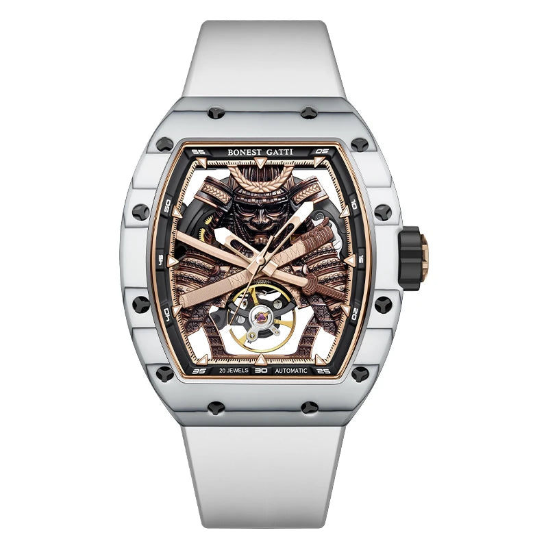 BONEST GATTI Montre-bracelet mécanique à mouvement automatique pour hommes, cadran squelette Warrior grand format, verre saphir