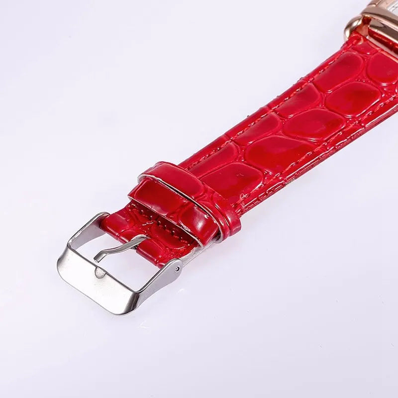 Montre-Bracelet Femme Luxe Métal Or Rose Carré Dames Quartz Rectangle Cuir Rouge Horloge Féminine