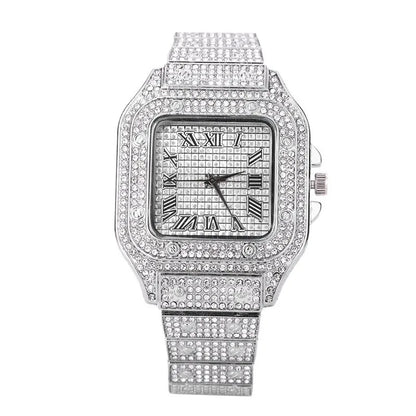 Montre de luxe pour hommes, bracelet élégant en alliage, montre à quartz, date, diamant, or, style Hip Hop Montre Homme