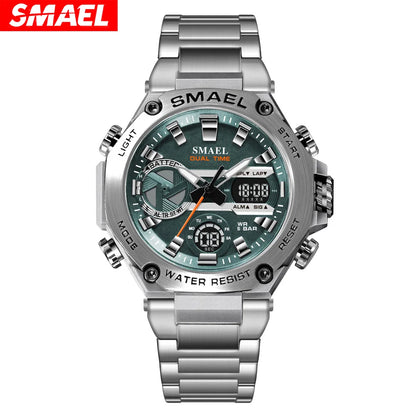 Montre SMAEL Hommes Grande Marque Luxe Argent Acier Inoxydable Sport Homme Horloge Numérique Analogique Quartz Militaire Étanche Montres-bracelets