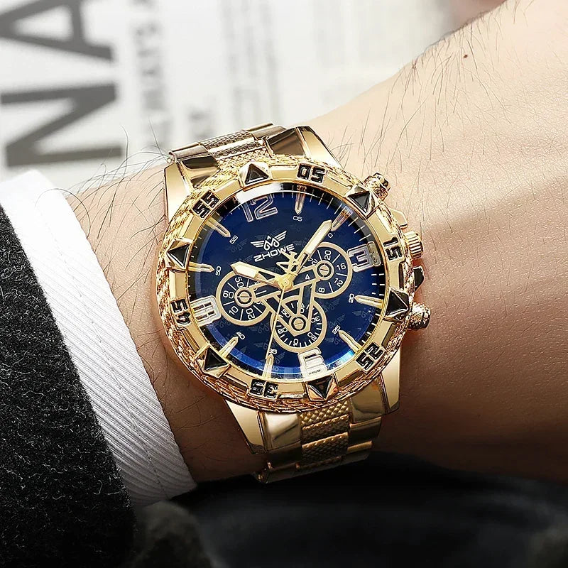 Montre à quartz de luxe pour homme, classique, pour homme d'affaires, grand cadran, bracelet en alliage d'acier, lumière bleue, trois yeux, montre à quartz pour homme.