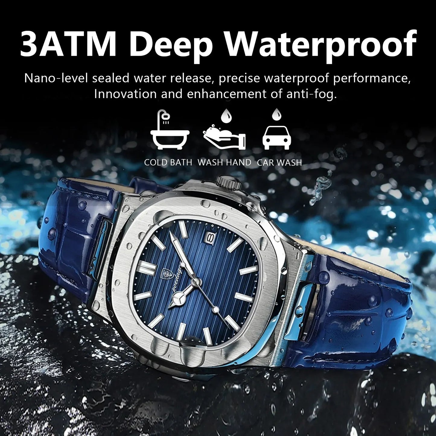 POEDAGAR Montre Homme Carrée Luxe Date Étanche Lumineuse Qualité Supérieure Bracelet Cuir Montre-Bracelet Quartz Homme+Boîte Reloj