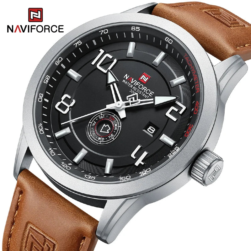 Montre-bracelet décontractée tendance NAVIFORCE pour homme, montre militaire de sport étanche avec bracelet en cuir, mouvement à quartz, calendrier