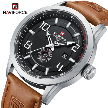 Montre-bracelet décontractée tendance NAVIFORCE pour homme, montre militaire de sport étanche avec bracelet en cuir, mouvement à quartz, calendrier