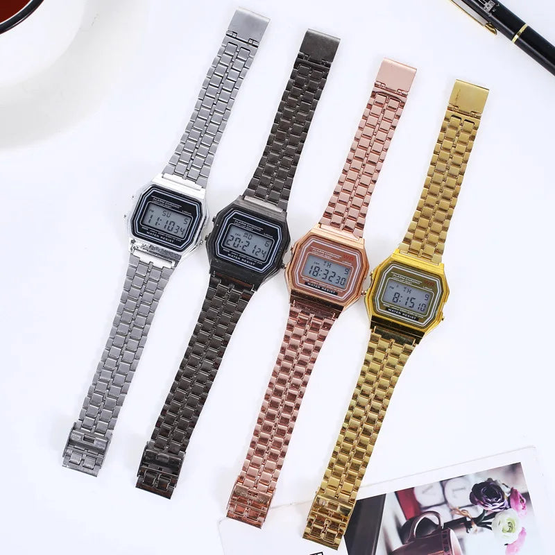 Femmes Hommes Unisexe Montre Or Argent Noir Vintage LED Numérique Sport Militaire Montres Bracelets Électronique Numérique Cadeau Présent Homme