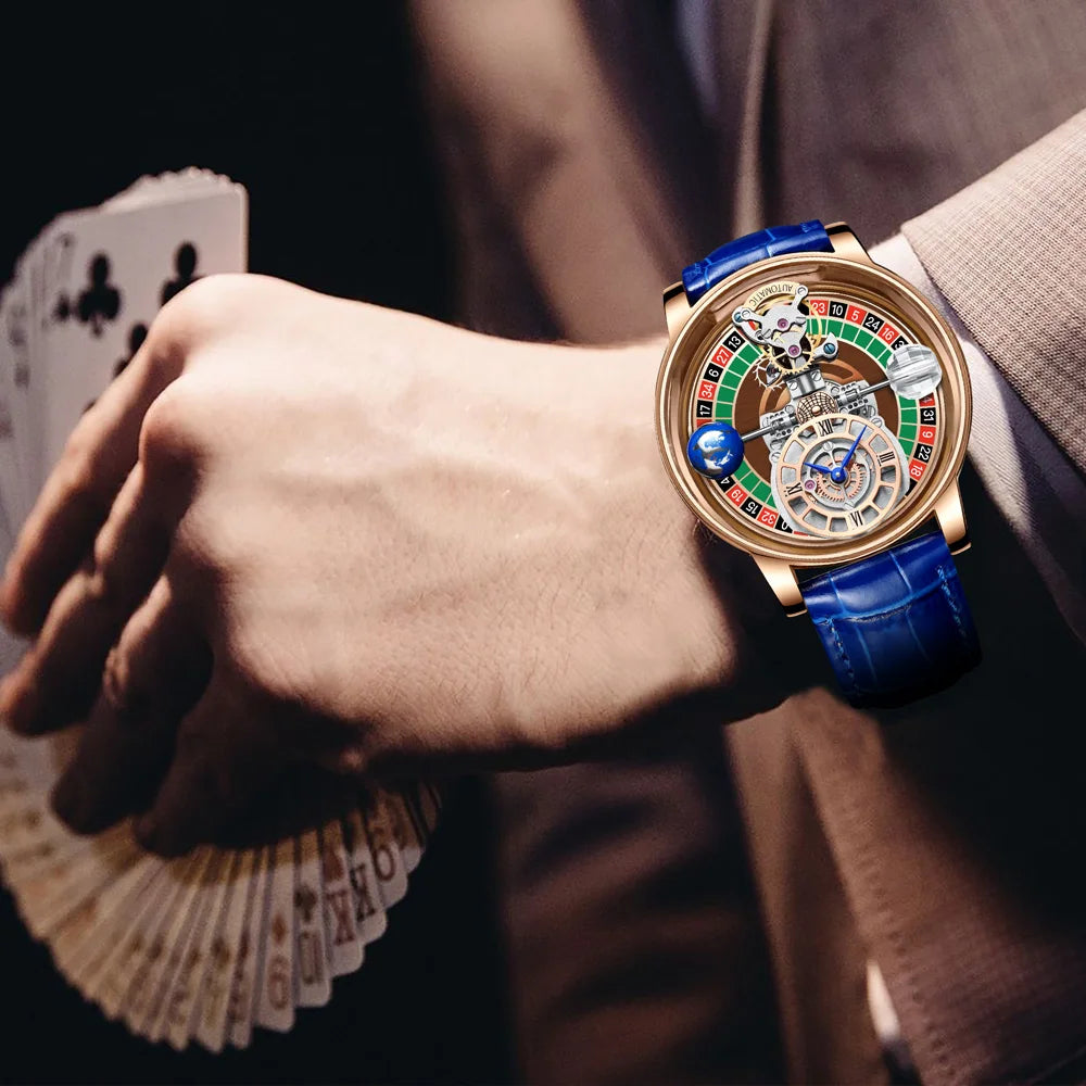HAEMMER Celestial Roulette watch with transparent hollow dial and leather strap