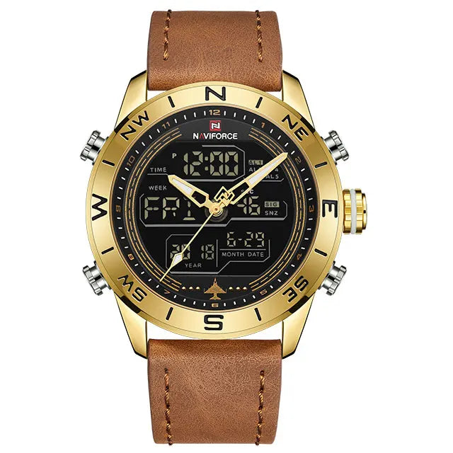 NAVIFORCE – Montre de sport de luxe à quartz pour homme, en cuir véritable, étanche, avec affichage de la date, du jour de la semaine et LED