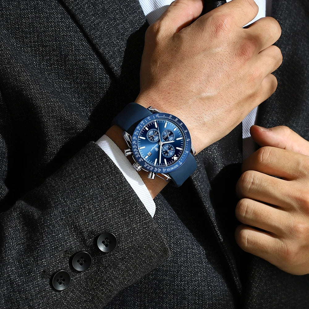 POEDAGAR Montre Homme de Luxe Étanche Lumineuse Date Chronographe Montre-Bracelet à Quartz Homme Haute Qualité Sport Cuir Homme Montres