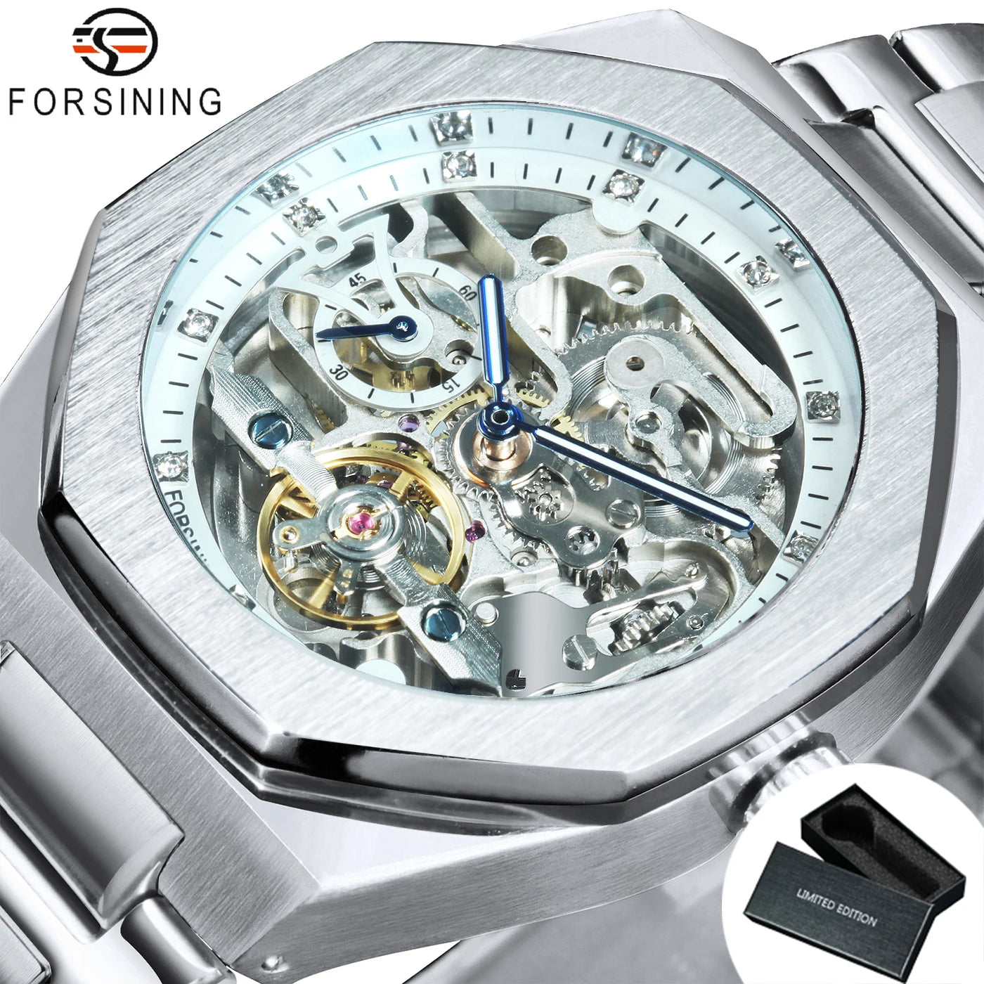 Forsining Silver Automatic Watch Men 3D Diamond Dial Irregular Tourbillon Skeleton Mechanical Wristwatches Luminous Hands Clock