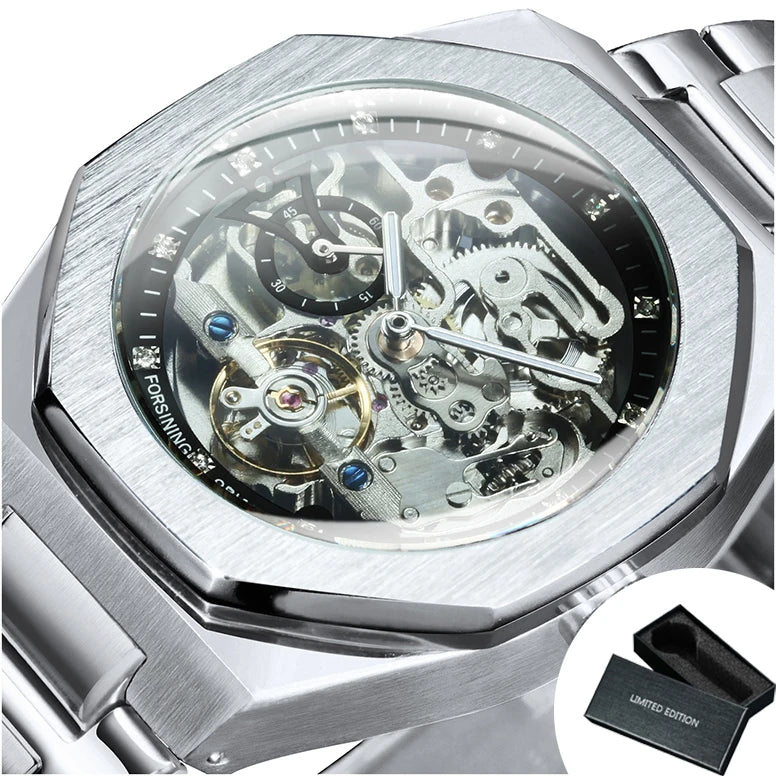 Montre automatique Forsining argentée pour homme, cadran 3D diamant, tourbillon irrégulier, squelette, mécanique, bracelets lumineux, horloge