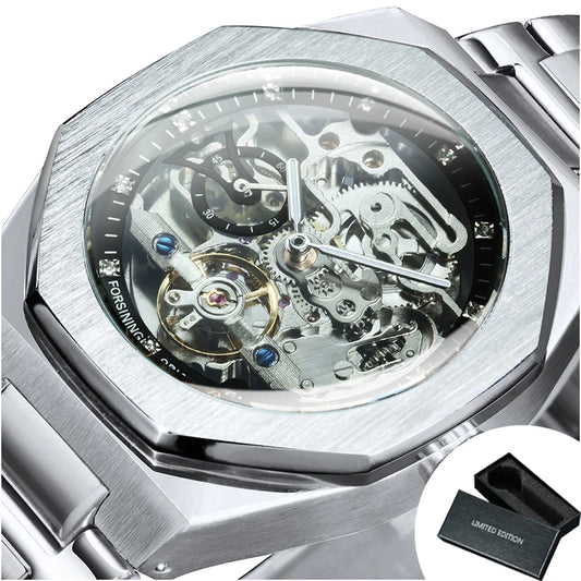 Montre automatique Forsining argentée pour homme, cadran 3D diamant, tourbillon irrégulier, squelette, mécanique, bracelets lumineux, horloge