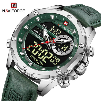 NAVIFORCE – Montres de mode pour homme, bracelet en cuir véritable, décontracté, militaire, étanche, chronographe numérique, mouvement à quartz, alarme