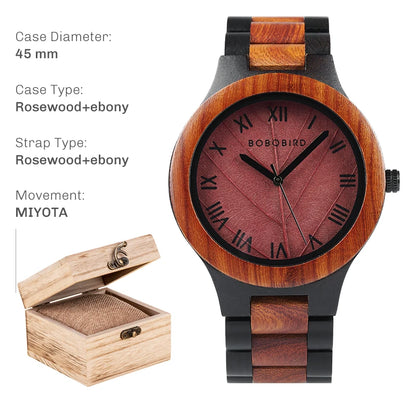 Montre en bois pour homme BOBO BIRD avec feuille véritable, montre en bois originale, montre en bois, montre fabriquée à la main, cadeau d'anniversaire pour homme