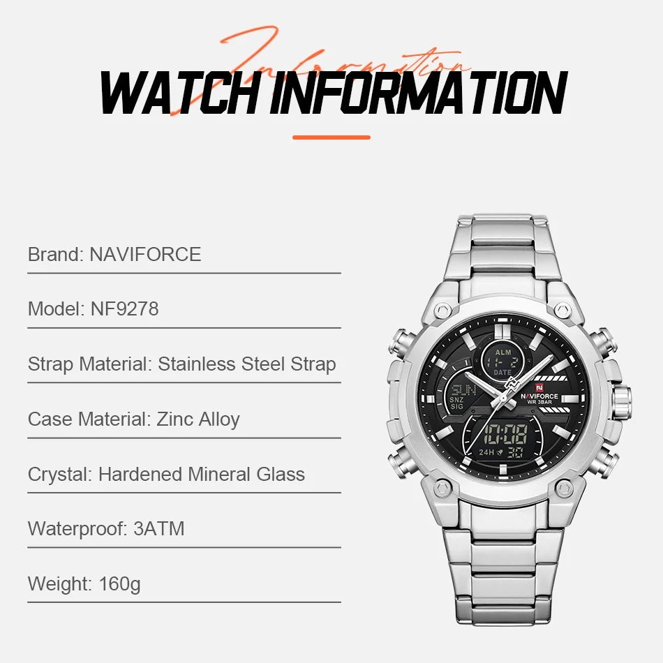 NAVIFORCE NF9278 Dual Display Stainless Steel Watch