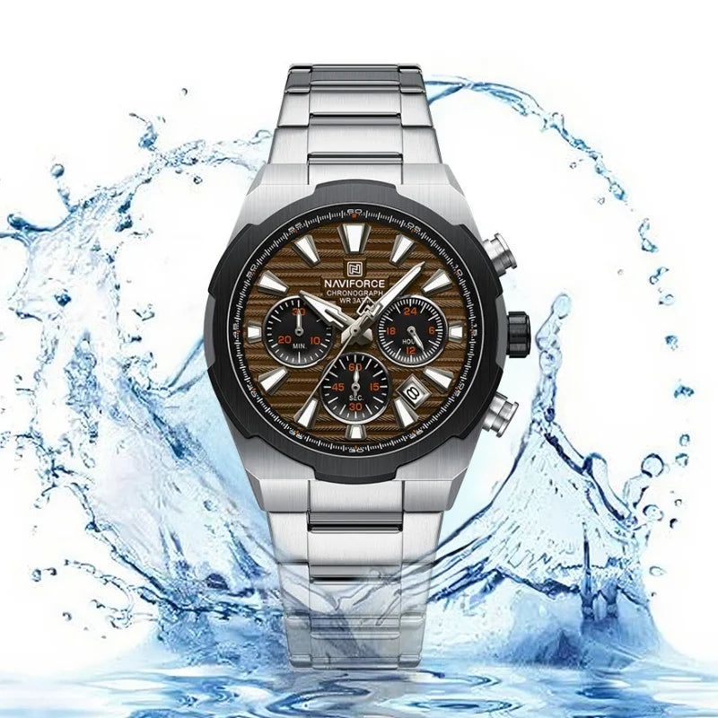 Montre-bracelet à quartz NAVIFORCE pour homme, multifonctionnelle, avec calendrier, chronomètre, lumineuse, étanche 30 ATM, bracelet en acier inoxydable