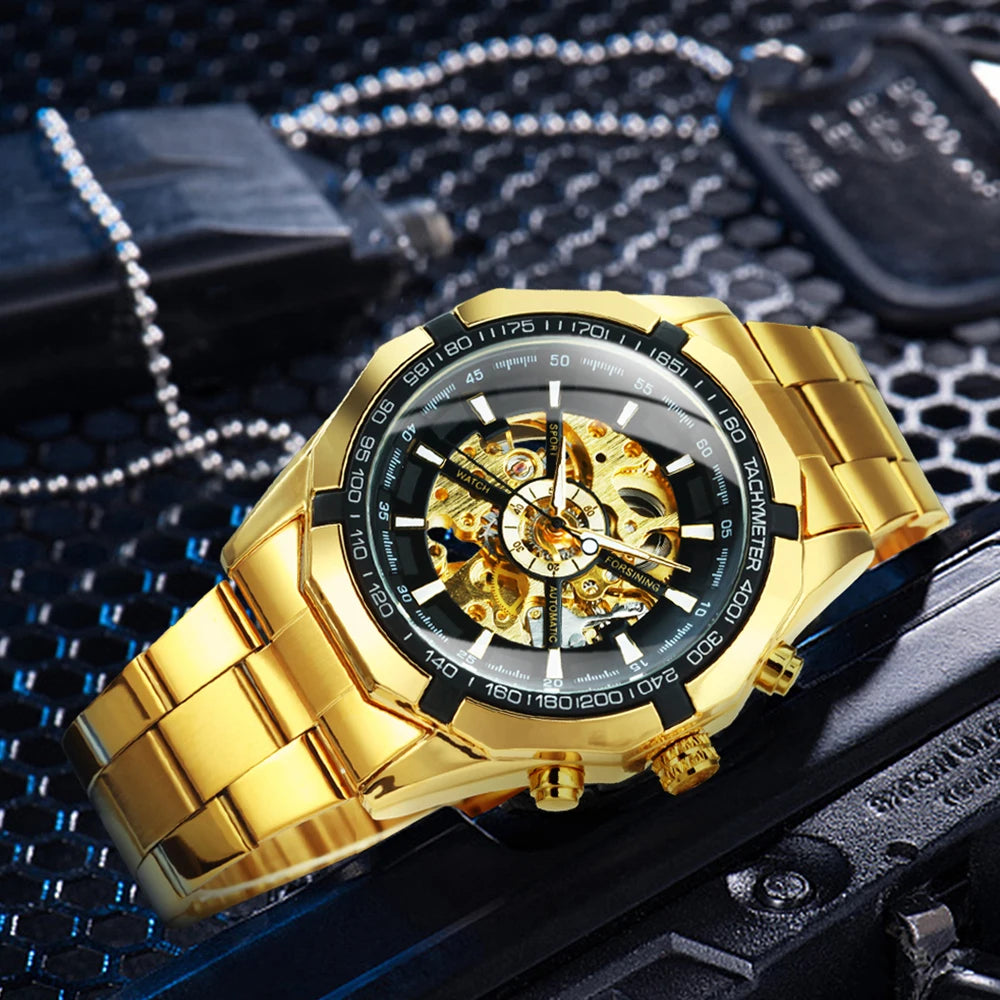 WINNER Fashion Skeleton Watch for Men Luminous Hand Classsic Mechanical Watches Stainless Steel Band Luxury Forsining Wristwatch