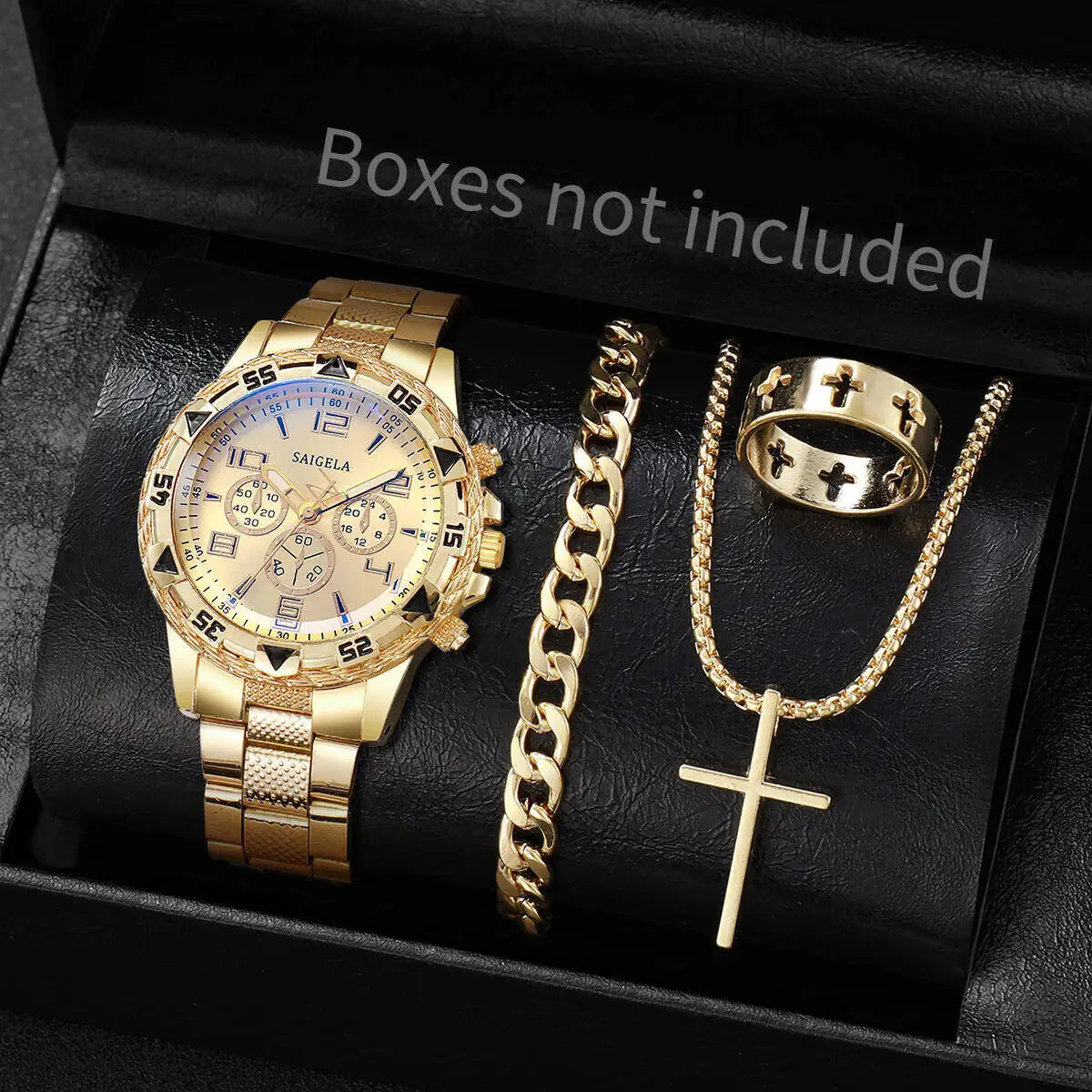 4PCS/Set Fashion Mens Stainless Steel Watches Luxury Quartz Wristwatch Jewelry Set Reloj Hombre（Box Not Included ）