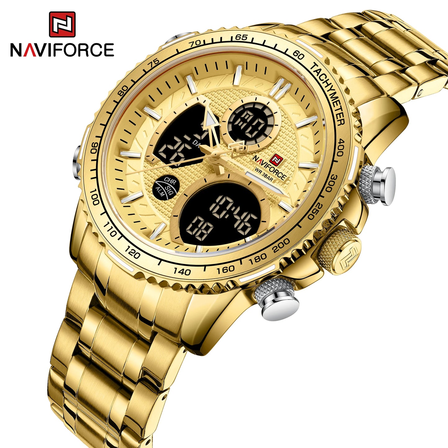 NAVIFORCE Montre Homme Tendance Marque de Luxe Sport Chronographe à Quartz Étanche Militaire en Acier Inoxydable