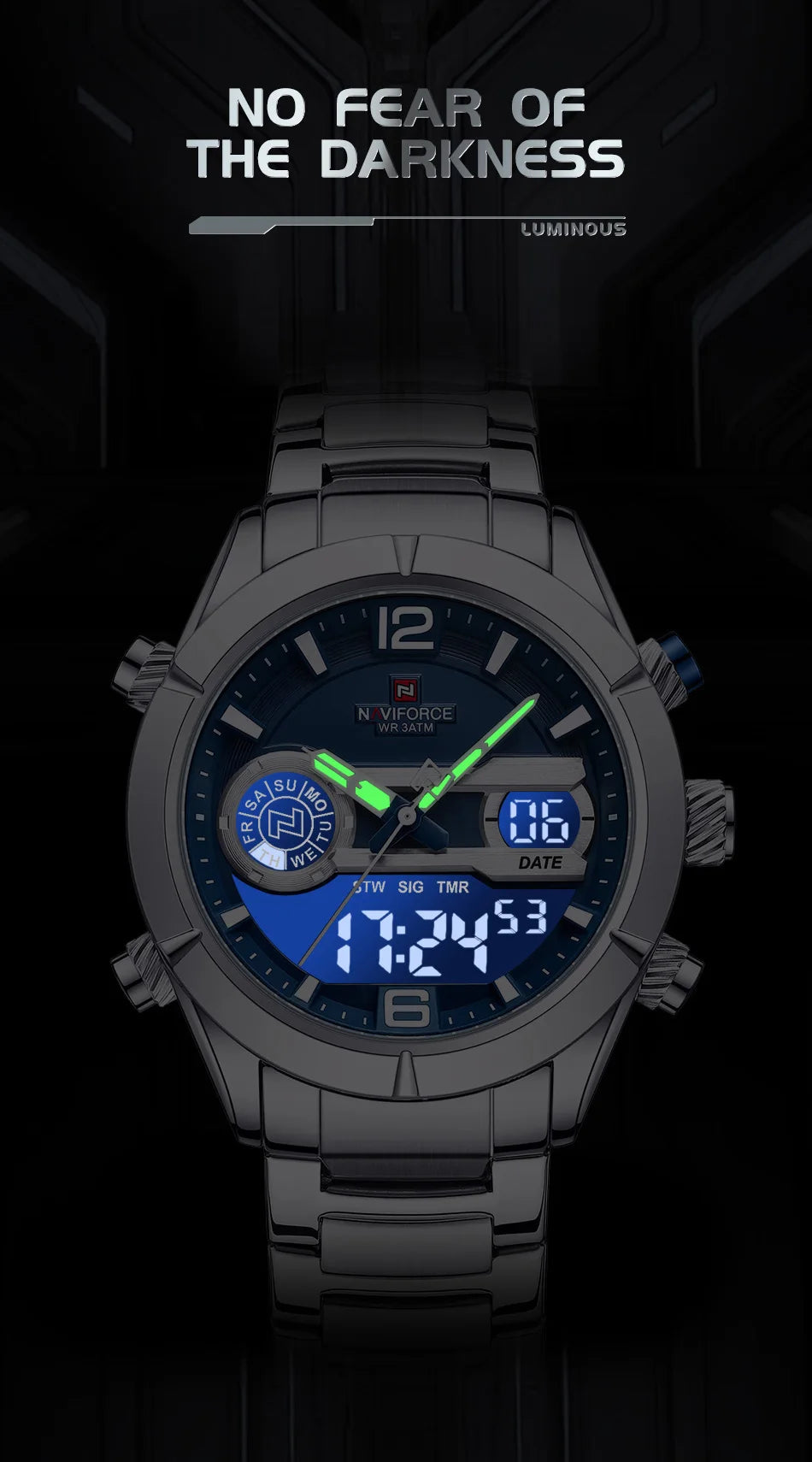 Montre de sport militaire de luxe NAVIFORCE pour hommes, lumineuse, étanche, bracelet en acier, affichage double numérique à quartz, montre-bracelet masculine.