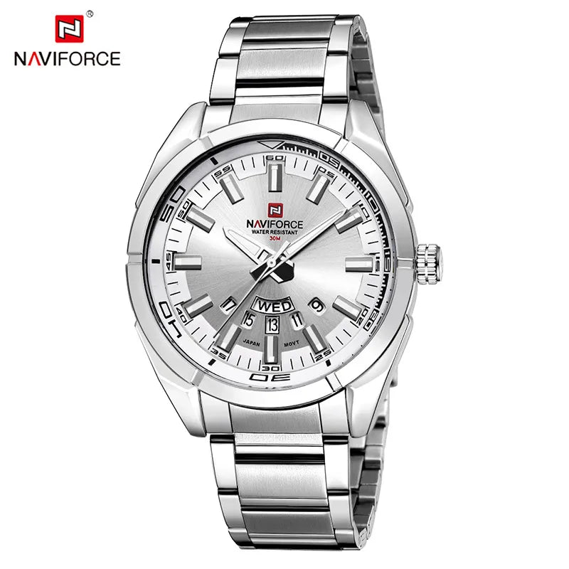 Montre NAVIFORCE classique décontractée pour homme, en acier inoxydable, sport, étanche, affichage de la date, horloge à quartz, Relogio Masculino