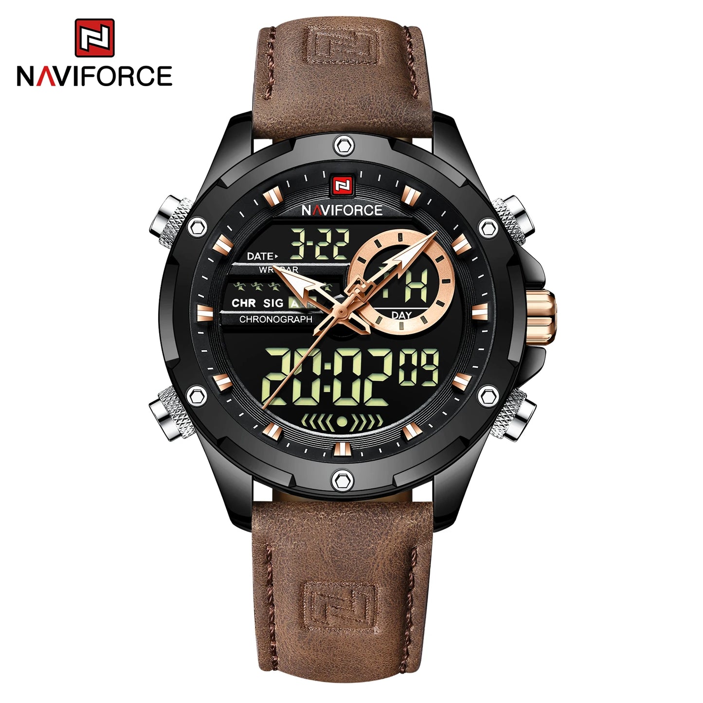 Montres originales Naviforce pour hommes 2022 Montre-bracelet pour hommes de luxe, sport et étanche avec bracelet en cuir et double affichage du calendrier