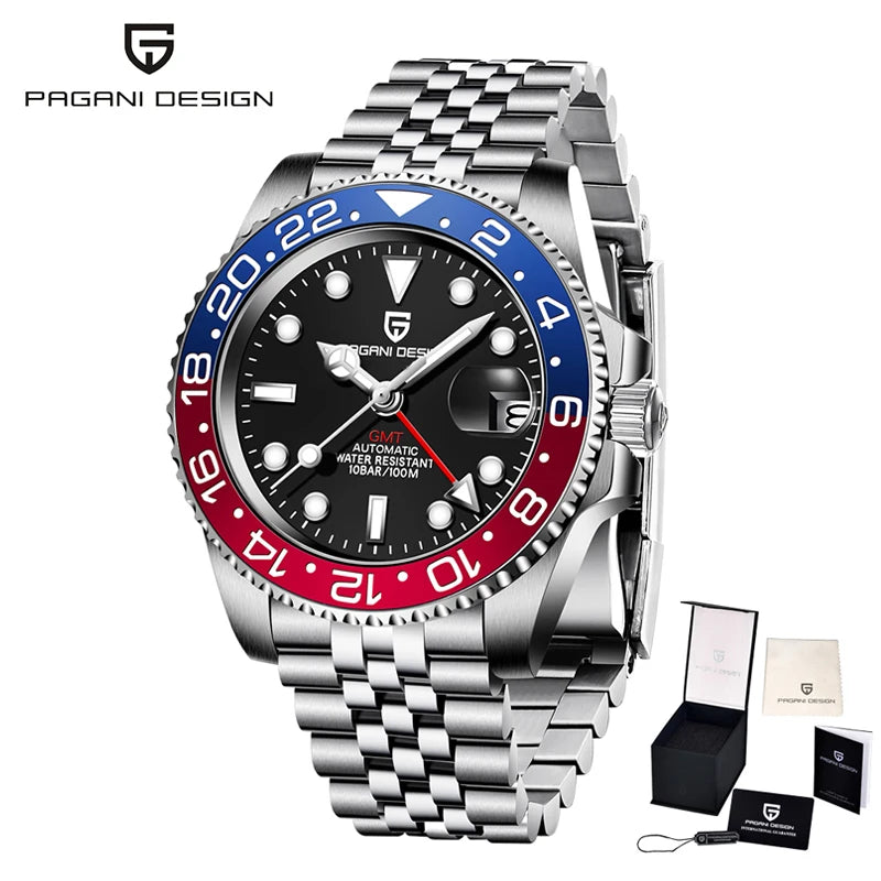 PAGANI DESIGN PD-1662 Montre-bracelet mécanique de luxe GMT pour hommes Verre saphir Acier inoxydable Montres automatiques étanches à 100 m