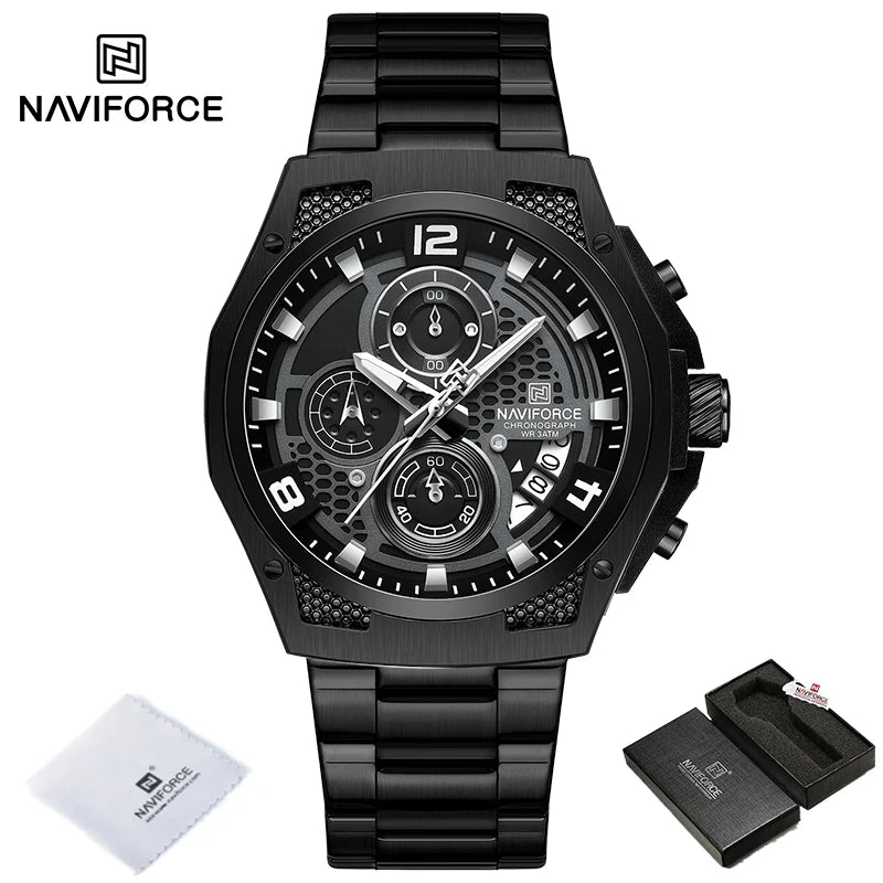 Montres Homme Sport Décontractées Marque NAVIFORCE Chronographe à Quartz Multifonction avec Affichage de la Date Bracelet en Acier Montre-Bracelet Reloj Hombre